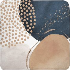 an abstract painting with gold dots on blue, beige and white colors is featured in this image