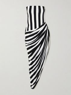 Balmain's dress embodies an '80s maximalist feel. It's cut from jersey with a strapless neckline and falls to a draped asymmetric skirt reminiscent of a pareo. Black And White Strip Dress, Bold Stripes Fashion, Fancy Gown, Balmain Dress, Balmain Clothing, Spring Scene, Asymmetric Skirt, Flat Dress Shoes, Floral Dresses Short