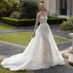 Mermaid Detachable Train 2 In 1 Long Sleeve Romantic Lace Appliqué Bridal Dress Top Wedding Dress Designers, Wedding Dress Brands, Detachable Train, فستان سهرة, Romantic Lace, Colored Wedding Dresses, Perfect Wedding Dress, Wedding Dresses Unique, Hello Dear