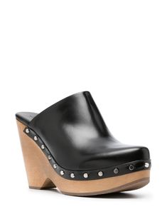 ISABEL MARANT 110mm wedge-heel Leather Clogs - Farfetch Chic Slip-on Clogs With Reinforced Heel, Elegant Slip-on Clogs With Reinforced Heel, Chic Clogs With Leather Sole And Open Heel, Black Calf Leather Mules With Open Heel, Black Calf Leather Open Heel Mules, Luxury Mules With Stacked Heel And Round Toe, Luxury Leather Clogs For Spring, Chic Leather Sole Clogs With Block Heel, Chic Clogs With Leather Sole And Block Heel