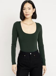 Fitted Scoop Neck Bodysuit With Thumbholes, Fitted Bodysuit With Thumbholes And Scoop Neck, Fitted Long Sleeve Scoop Neck Top, Fitted Long Sleeve Top With Scoop Neck, Fitted Scoop Neck Bodysuit For Fall, Fitted Long Sleeve Scoop Neck Top For Fall, Basic Long Sleeve Stretch Bodysuit, Basic Stretch Long Sleeve Bodysuit, Basic Stretch Bodysuit With Long Sleeves