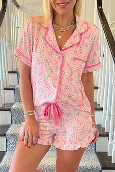 Pink Christmas Candy Cane Print Pocketed Knotted Pajama Set Shirt Collar Styles, Short Sleeve Pattern, Christmas Candy Cane, Lounge Set, Short Pajama Set, Christmas Pajamas, Christmas Candy, Pink Christmas, Red Christmas