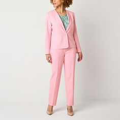 Cut for a classic-fit, these mid-rise women's suit pants from Black Label by Evan-Picone are made from stretch-crepe for comfortable all-day wear. They have a concealed zip fly, side pockets, a flat front, and stright legs. Style them with a printed blouse and heels or a t-shirt and sneakers for a twist on tailoring.Front Style: Flat FrontClosure Type: ZipperFit: Classic FitPockets: 2 Side Slip PocketsRise: Mid RiseApparel Length: 30 InchesFiber Content: 97% Polyester, 3% ElastaneFabric Descrip… Tailored Elastane Pantsuit, Fitted Pantsuit For Career, Stretch Suits For Spring Workwear, Spring Professional Fitted Pantsuit, Spring Office Elastane Pantsuit, Spring Stretch Suits For Workwear, Spring Elastane Pantsuit For Office, Spring Office Suits With Straight Leg, Fitted Spring Career Pantsuit