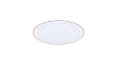 an empty white plate with pink rim on a white background