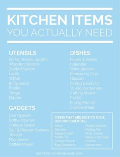 the kitchen items you actually need list is shown in blue and white with text on it