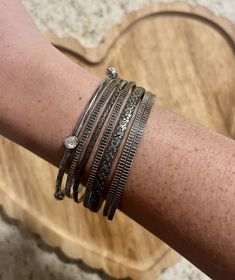 - set of 7 silver bangles of various designs - unknown metal - pre-loved & as is Silver Stackable Metal Bangle, Vintage Silver Stackable Cuff Bracelet, Vintage Silver Stackable Bangle, Round Rock, Silver Bangles, Bangle Bracelets, Jewelry Bracelets, Bangles, Ships