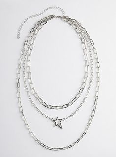 FIT. Layer 1: 19”, Layer 2: 21”, Layer 3: 26. 5”+ 5 extender”. MATERIALS + CARE. Man-made materials. Base metal. . Imported. DETAILS. Layered design. . Chainlink. Silver tone finish. The best plus size women's layered necklace - silver tone link with star necklaces in gold. Torrid is your destination for the freshest spring and summer styles. Grunge Necklaces, Layered Necklace Silver, White Necklaces, Star Necklaces, Layered Necklaces Silver, Layered Chains, Pretty Jewelry, Layered Design, Star Images