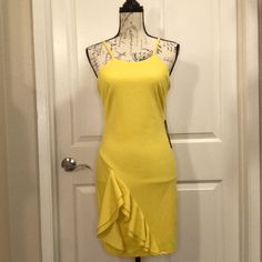 Bebe Yellow Ruffle Dress Nwt Concealed Back Zip Sun Dress Wedding Guest Dress Brunch Dress Easter Dress Yellow Ruffled Dress For Night Out, Elegant Yellow Mini Dress With Ruffle Hem, Yellow Ruffled Dress For Date Night, Yellow Party Dress With Ruffle Hem, Yellow Ruffle Dress, Sheer Midi Dress, Dresses Yellow, Harness Dress, White Shift Dresses