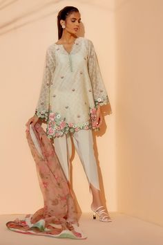 White Silk Lawn Suit With Floral Embroidery, Spring Pink Lawn Suit With Straight Kurta, Spring Cotton Silk Kurta With Dupatta, Pink Anarkali Lawn Suit With Floral Embroidery, Spring Pista Green Kurta With Dupatta, Spring Semi-stitched Lawn Suit With Dupatta, Pink Lawn Suit With Floral Embroidery For Eid, Festive Feminine Embroidered Sets, Spring Kurta With Sheer Dupatta In Chanderi