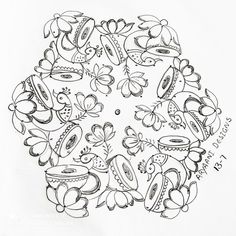 a black and white drawing of flowers in a circle