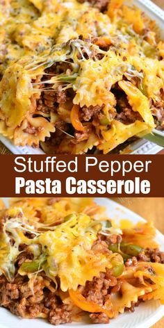 this stuffed pepper pasta casserole is loaded with ground beef, cheese and vegetables