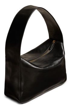 A glossy leather shoulder bag features a wide strap and a gently boxy silhouette that strikes a modern mood. Top-zip closure Shoulder strap Interior card slot Leather Made in Italy Designer Handbags Contemporary Rectangular Evening Shoulder Bag, Modern Rectangular Shoulder Bag With Smooth Grain, Contemporary Rectangular Shoulder Bag For Formal Occasions, Formal Square Shoulder Bag With Zipper Closure, Contemporary Formal Rectangular Shoulder Bag, Modern Shoulder Bag With Zipper Closure, Luxury Rectangular Hobo Bag With Zipper Closure, Sleek Rectangular Hobo Bag For Formal Occasions, Luxury Rectangular Hobo Bag With Zipper