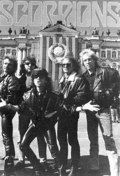 an old black and white photo of the scorpions