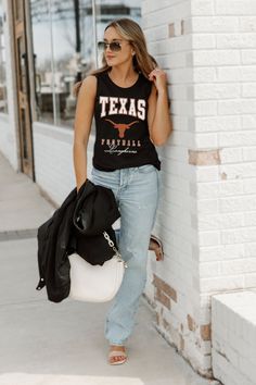 Experience game day in style with the TEXAS LONGHORNS PRESEASON OPENER RACERBACK TANK TOP. Made with breathable fabric, this tank top will keep you cool and comfortable while you cheer on your team. Show your support for the Longhorns in this must-have top. Casual Sleeveless Tank Top For College, Casual Sleeveless Tank Top For Game Day, Collegiate Black Sleeveless Top, Sporty Sleeveless Tank Top For Game Day, Casual Sleeveless Tops For Game Day, Game Day Sleeveless Tank Top With Letter Print, Game Day Letter Print Sleeveless Tank Top, Sleeveless Top For Game Day In Spring, Sleeveless Tops For Game Day In Spring