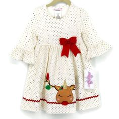 Brand New With Tags! Bonnie Jean Ivory Gold Reindeer Applique Polka Dot Holiday Christmas Dress. Adorable Reindeer Applique With Bow At Waist, Polka Dot, Long Bell Sleeves. Sizes: 3t & 4t Measurements: Are Approximate- Please Check For Proper Fit. 3t: Chest: 11" Flat (22"); Length: 21" 4t: Chest: 11 1/2" Flat (23"); Length: 23" Rounded Neckline Pullover Style Cotton/Spandex Machine Washable White Festive Holiday Dress For Christmas, White Long Sleeve Festive Dress, White Festive Christmas Holiday Dress, Festive White Christmas Holiday Dress, White Cotton Holiday Dress, Festive Long Sleeve White Holiday Dress, White Cotton Winter Dress, Cute White Holiday Dress, Winter Holiday Cotton Dress