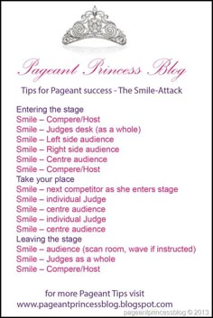 a princess's ring with the words, tips for pageant success - the smile attack