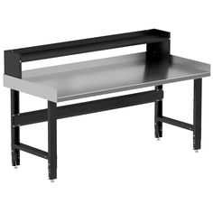 a metal workbench with one shelf on each side and two legs at the bottom