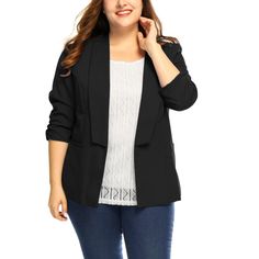 About us: A female plus-size brand inspired by the need of its customers. We hope our clothing can match you into various occasions, by the proper tailoring to show your perfect curve and the comfortable fabrics enables you a pleasant experience.This blazer is perfect for layering. It features 3/4 sleeves with ruched cuffs, shawl collar, two pockets. Size: 2x. Color: black. Age Group: adult. Pattern: Solid. Material: Polyester. Shawl Collar Blazer, Plus Size Blazer, Black Shawl, Women's Suiting, Blazer Jackets For Women, Plus Size Formal, Plus Size Brands, Pleated Sleeves, Plus Size Cardigans