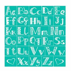 the letters and numbers are drawn in white on a teal green background with hearts