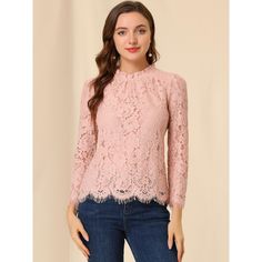 Add a bit of femininity to your look with the ruffle round-neck lace top. It features a long sleeve form, a ruffle neck, and lace fabric. It perfectly matches everyday jeans and skirts for a weekend casual look. A lace top puts a feminine spin on any day or night look with a charming feminine silhouette. Good options for parties, sweet dating, shopping, festivals, banquets, office outfits, casual wear, and daily outfits. Pink Denim Jacket, Rachel Parcell, Velvet Wrap Dress, Womens Lace Tops, Romantic Girl, Lace Top Long Sleeve, Rose Lace, Lace Long Sleeve, Pink Blouse