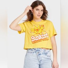 Women's Sunkist Cropped T-Shirt, Yellow, Sizes Xs, L, Xl, Xxl Product Logo, Cool Graphics, Boxy Crop Top, Simple Wardrobe, Logo Material, Small Crop Tops, Cropped T Shirt, Crop Tshirt, No Time