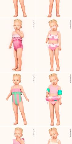 six pictures of babys in different swimsuits and one is holding a bottle