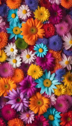 many colorful flowers are arranged together in this photo, and the colors are very vibrant