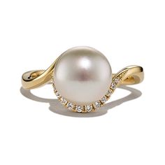 Simple yet sophisticated  this lovely pearl ring is sure to bring a smile to their face. The cultured South Sea pearl has a stunning luster that is sure to impress. All the natural diamonds have been hand-matched for exceptional brilliance and fire. The 14-karat yellow gold is malleable  so you can personalize this ring with a custom engraving. Timeless Diamond Pearl Ring With Prong Setting, Timeless Pearl Ring With Brilliant Cut For Wedding, Timeless Diamond White Brilliant Cut Pearl Ring, Timeless Diamond White Pearl Ring With Brilliant Cut, Timeless Brilliant Cut Pearl Wedding Ring, Timeless Pearl Wedding Ring With Brilliant Cut, Timeless Wedding Pearl Ring With Brilliant Cut, Classic Pearl Ring With Brilliant Cut, Classic Pearl White Diamond Ring