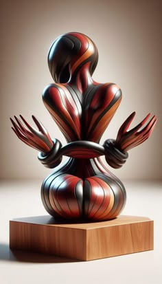 an artistically designed vase sitting on top of a wooden block