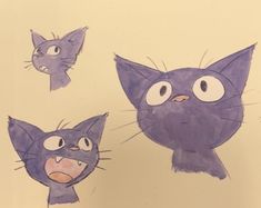 three drawings of cats with different expressions on their faces and eyes, one cat has its mouth open while the other is frowning