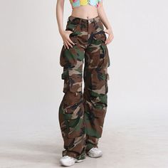 Color: Camo Material: Polyester Asian Size: S M L XL Model: 170cm, 48kg, Waist 68cm, Hip 94cm, wear Asian M S: Length 114cm, Waist 66cm/ 26.0inch, Hip 102cm/ 40.1inch M: Length 115cm, Waist 70cm/ 27.5inch, Hip 106cm/ 41.7inch L: Length 116cm, Waist 74cm/ 29.1inch, Hip 110cm/ 43.3inch XL: Length 117cm, Waist 78cm/ 30.7inch, Hip 114cm/ 44.8inch Long Cargo Pants, Womens Denim Jumpsuit, Cargo Pants Baggy, Unique Jeans, Summer Knit Tops, Camouflage Cargo Pants, Style Overalls, Pants Women Fashion, Utility Pants