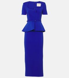 Royal Blue Cape Dress, Fitted Bodice Midi Dress In Elastane, Fitted Maxi Length Office Dress, Fitted Maxi Dress For Office, Luxury Fitted Knee-length Midi Dress, Tailored Spring Evening Midi Dress, Tailored Structured Evening Dress, Chic Tailored H-line Dresses, Tailored Midi Dress For Spring Evening