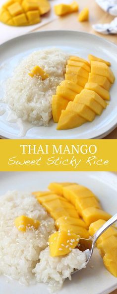 there is a plate with rice and mango slices on it, along with two pictures of the same food