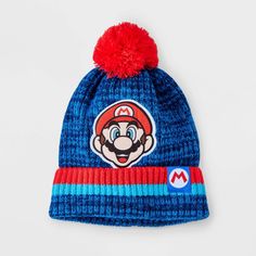 Amp up your accessories with the Boys' Nintendo Mario Pom Beanie in Blue/Red. This fashion beanie is made of midweight knit fabric with rolled cuffs for all-day cozy comfort. It features Nintendo Mario detailing with a pom-pom accent on the top to add a cute touch to their cool-weather outfit. Plus, the pull-on style allows for easy on and off making it a must have for your winter wardrobe. Red Target, Boys Winter Hats, Fashion Beanie, Waterproof Pants, Matching Family Pajamas, Kids Clothes Boys, Acrylic Fabric, Scarf Hat, Pom Beanie