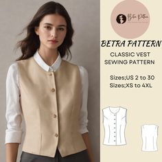 a women's vest sewing pattern with the text, bereta pattern classic vest sewing pattern size us 2 to 50