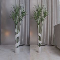 two photos of plants in vases on the floor