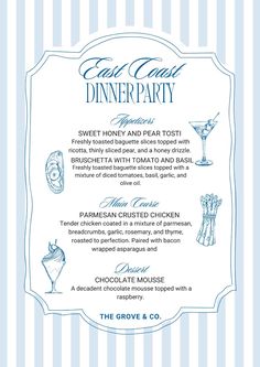 a blue and white striped menu for a fancy dinner