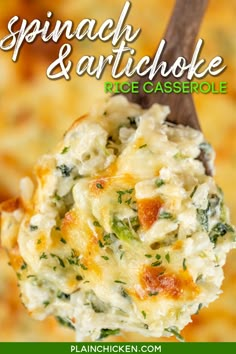 spinach and artichoke rice casserole on a wooden spoon with text overlay