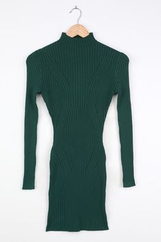 Cozy looks good on you, and so does the Lulus Snug As Can Be Dark Green Ribbed Mock Neck Sweater Dress! Soft, medium-weight ribbed knit shapes this essential sweater dress with a mock neck and fitted long sleeves. A cool cable-knit inspired design adds a subtle texture to the fitted bodice and bodycon mini skirt. Pair with pointed-toe booties for an on-trend look! Fit: This garment fits true to size. Length: Mid-thigh. Size small measures 33" from shoulder to hem. Bust: Great for any cup size. W Cozy Ribbed Sweater Dress For Winter, Spring Ribbed High Neck Sweater Dress, Cozy Ribbed Winter Sweater Dress, Ribbed Turtleneck Winter Dress, Stretch Ribbed Turtleneck Sweater Dress, Stretch Ribbed High Neck Sweater Dress, Ribbed Stretch Sweater Dress For Fall, Winter Ribbed Sweater Dress With Crew Neck, Stretch Knit Sweater Dress