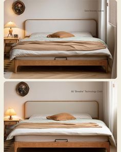 two pictures of the same bed in different stages of being made and placed on top of each other