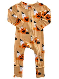 This zip romper is perfect for Halloween. It features an adorable jack-o-lantern pumpkin with a trick-or-treating ghost wearing a witch hat! Get into the spirit of Halloween with this festive romper.We understand what parents want for their babies after many years of making bamboo viscose rompers: high-quality, comfortable, and functional clothing that looks great too. Our 2-way convertible zip romper features a 2-way zip for easy diaper changes. The fold-over mittens prevent scratching, while the foot cuffs allow you to convert the romper into a footie: keeping their tiny toes warm. Made with 96% viscose from bamboo and 4% lycra, this romper is buttery soft. Woman Costumes, Boo Baskets, Spirit Of Halloween, Kids Closet, Functional Clothing, Baby Inspiration, Kid Closet, Halloween Baby, Trick Or Treating