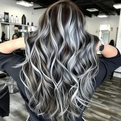 Embracing Grey Hair, Brown And Silver Hair, Grey Hair Color Silver, Grey Blending, Black And Grey Hair, Silver Hair Highlights, Blonde Highlights On Dark Hair