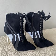 New In Box. Faux Suede Fabric And Man-Made Materials. Trendy Pointed Toe Heels For Streetwear, Lace-up Heels For Streetwear, Pirate Woman, Y2k Vibes, Faux Suede Fabric, Suede Fabric, Faux Suede, Shoes Women Heels, Stiletto Heels