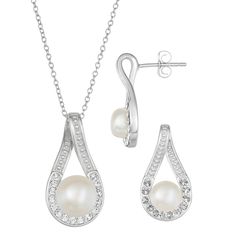 Love the way you look with this sterling silver cultured freshwater pearl & crystal teardrop pendant necklace & earrings set. Click on this JEWELRY & WATCHES GUIDE to learn about fit, styles, materials and more! Love the way you look with this sterling silver cultured freshwater pearl & crystal teardrop pendant necklace & earrings set. Click on this JEWELRY & WATCHES GUIDE to learn about fit, styles, materials and more! FEATURES Chain length: 18 in. Chain type: cable Clasp: spring-ring Earring d Classic Silver Jewelry Sets With Pearl Drop, Elegant Sterling Silver Teardrop Jewelry Sets, Classic Silver Teardrop Jewelry Sets, Teardrop Pearl Drop Jewelry Sets For Gifts, Silver Teardrop Jewelry Sets For Anniversary, White Gemstones, Pearl Details, Ring Earring, Pearl Crystal