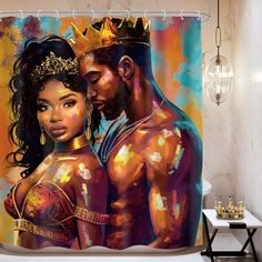 a shower curtain with a painting of a man and woman wearing crowns on their heads