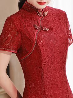 Fishtail Red Wedding Cheongsam Lace Toast Dress - Weqipao Elegant Red Ao Dai For Banquet, Elegant Red Ao Dai For Ceremonies, Elegant Red Ao Dai For Ceremony, Fitted Red Cheongsam For Banquet, Red Fitted Cheongsam For Banquet, Elegant Red Ao Dai With Stand Collar, Elegant Red Short Sleeve Ao Dai, Red Stand Collar Dress For Wedding, Elegant Red Ceremony Dresses