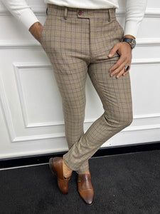 Leon Slim Fit Camel Plaid Trouser/Pants Elegant Fitted Plaid Pants, Elegant Fitted Plaid Bottoms, Tailored Casual Plaid Pants, Plaid Tapered Leg Business Casual Pants, Plaid Bottoms For Business In Fall, Formal Plaid Trousers, Elegant Tailored Plaid Bottoms, Tailored Plaid Casual Bottoms, Elegant Plaid Bottoms For Business