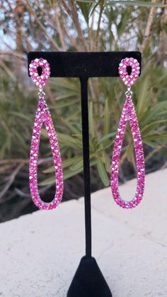 Fuchsia Ab Long Hoops Hot Pink Long Rhinestone Earrings - Etsy Hot Pink Prom Earrings, Hot Pink Prom Jewelry, Pink Prom Jewelry, Pink Prom Earrings, Hot Pink Jewelry, Hot Pink Bracelets, Ball Accessories, Pink Crystal Bracelet, Pink Statement Earrings