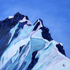 a painting of snow covered mountains against a blue sky