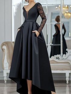 V Neck Long Sleeves Black Lace Long Prom Dresses, High Low Black Formal Dresses, Black Lace Evening Dresses Black Lace Evening Dress, Sukienki Plus Size, High Low Prom Dresses, Evening Dresses Online, Prom Dresses With Pockets, V Neck Prom Dresses, Satin Cocktail Dress, Vintage Black Dress, Cheap Evening Dresses